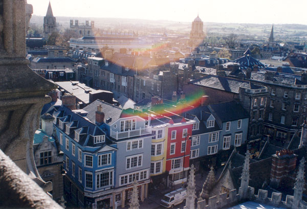 Colourful shops seen from St Mary's Tower