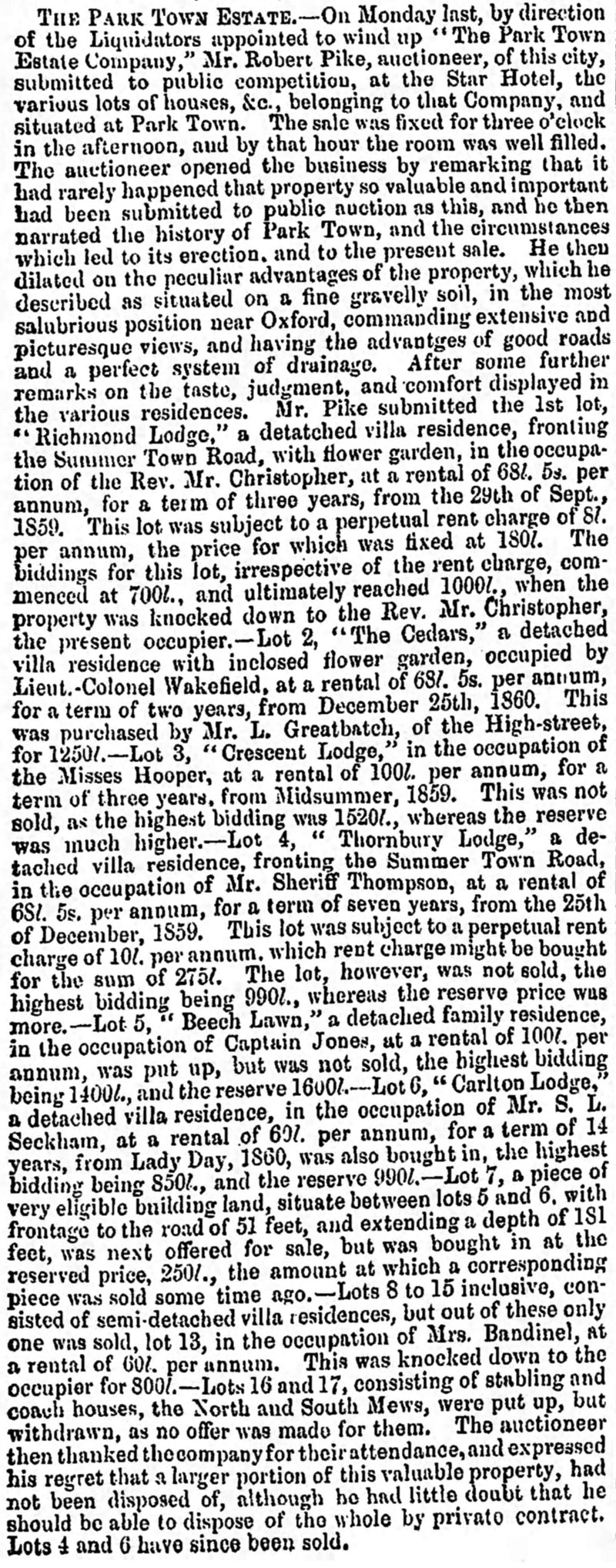 Park Town houses for sale on 9 Nov 1861