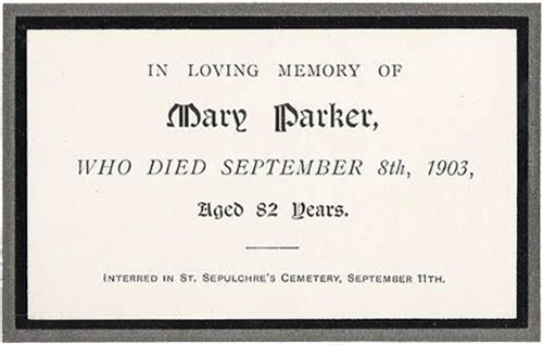 Memorial card to Mary Parker