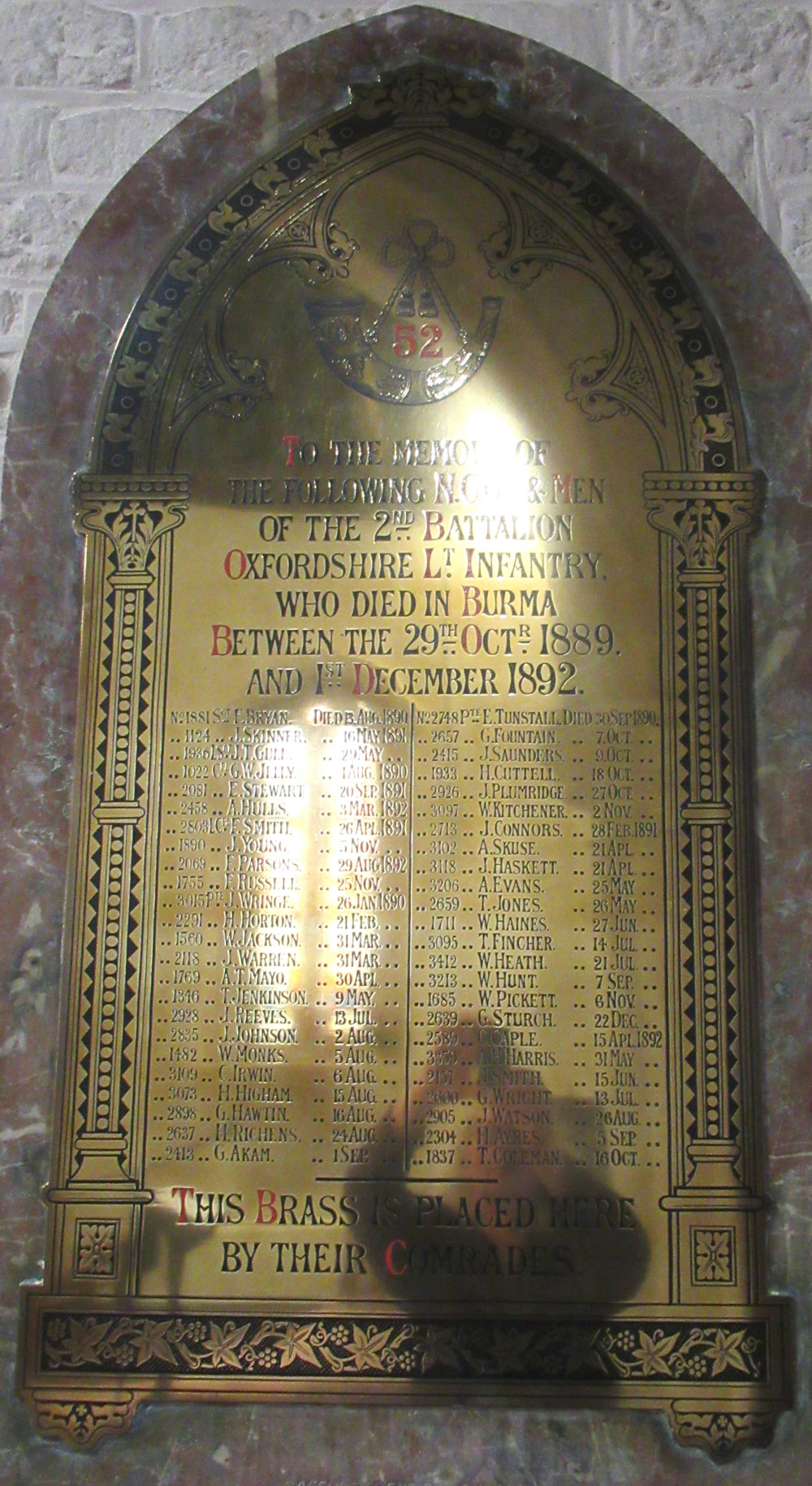 Burma War Memorial plaque in St James's Church, Cowley