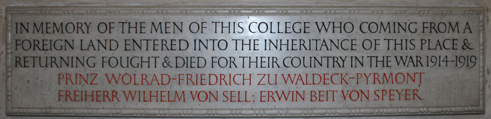 War memorial to German students at New College killed in the First World War