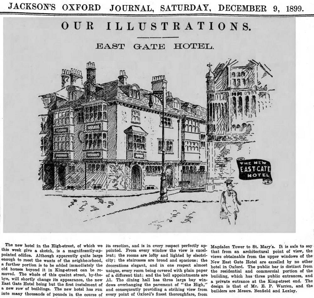 Drawing of Eastgate Hotel in Jackson's Oxford Journal of 9 December 1899