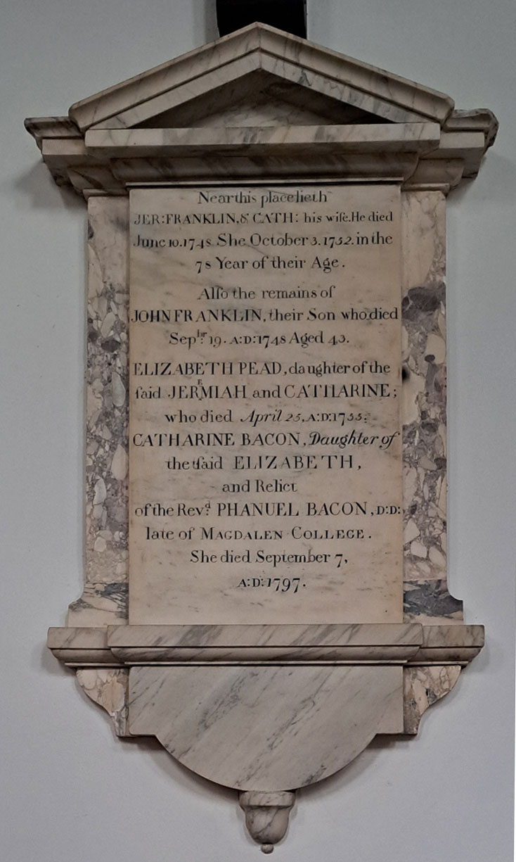 Memorial to the Franklins in St Peter-le-Bailey Church