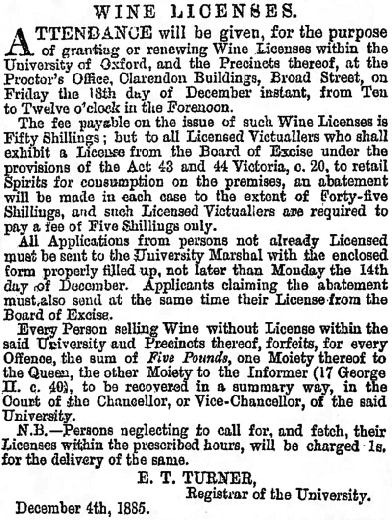 Applying for a wine licence, JOJ 5 Dec 1885